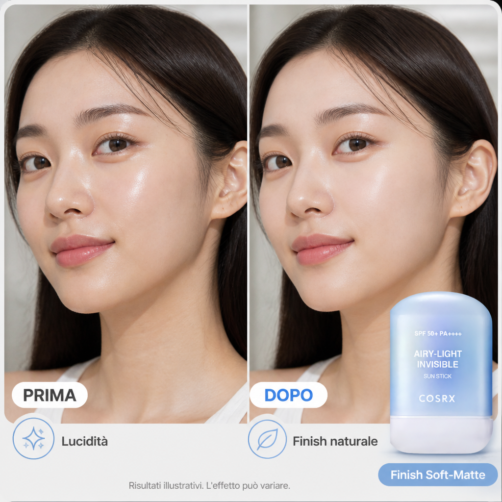 COSRX Airy-Light Invisible Sun Stick SPF50+ - Solare Mat 19g - prima e dopo, immagine illustrativa