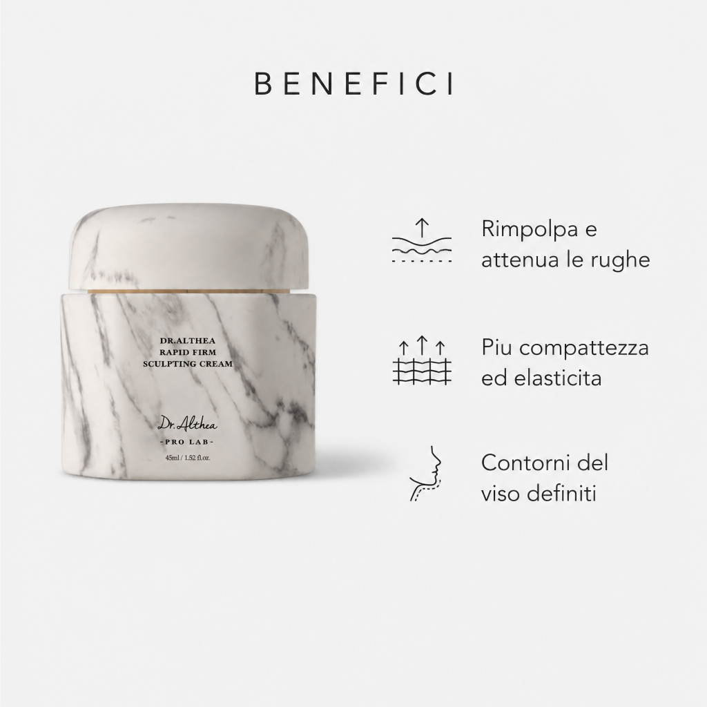 Benefici: rimpolpa e attenua le rughe, piu compattezza, contorni definiti
